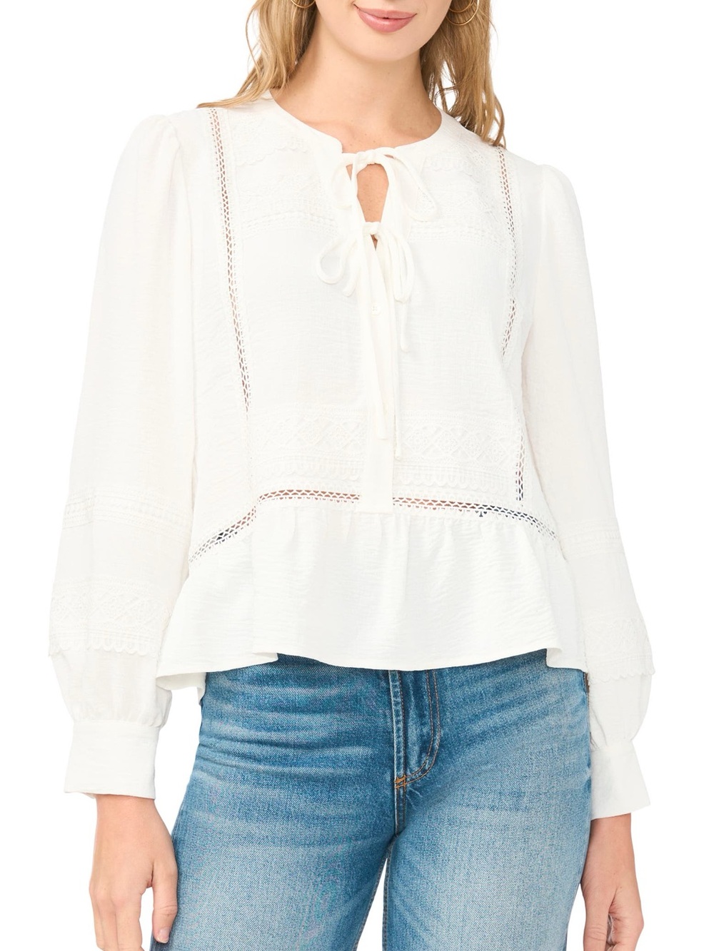 Vince Camuto Lace Yoke Tie Front Long Sleeve Top White Small